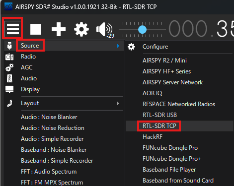 SDR#のメニューでSourceからRTL-SDR TCPを選択する