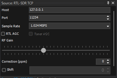 SDR#のRTL-SDR TCP設定。Hostに127.0.0.1、Portに11234を指定した例